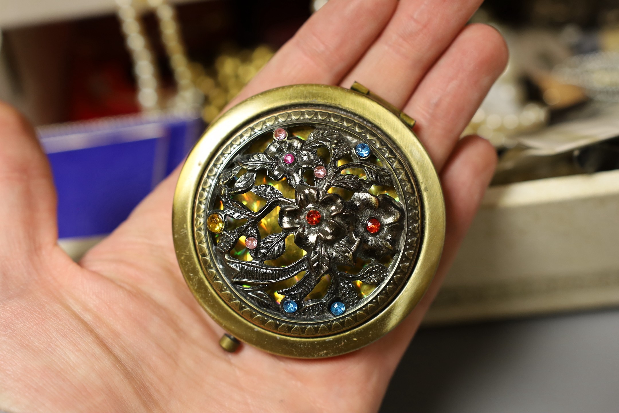 A collection of assorted costume jewellery etc. including a 19th century pinchbeck muff chain, 112cm, a lady's Rotary wrist watch, a lady's Omega wrist watch and a double strand graduated cultured pearl necklace with whi